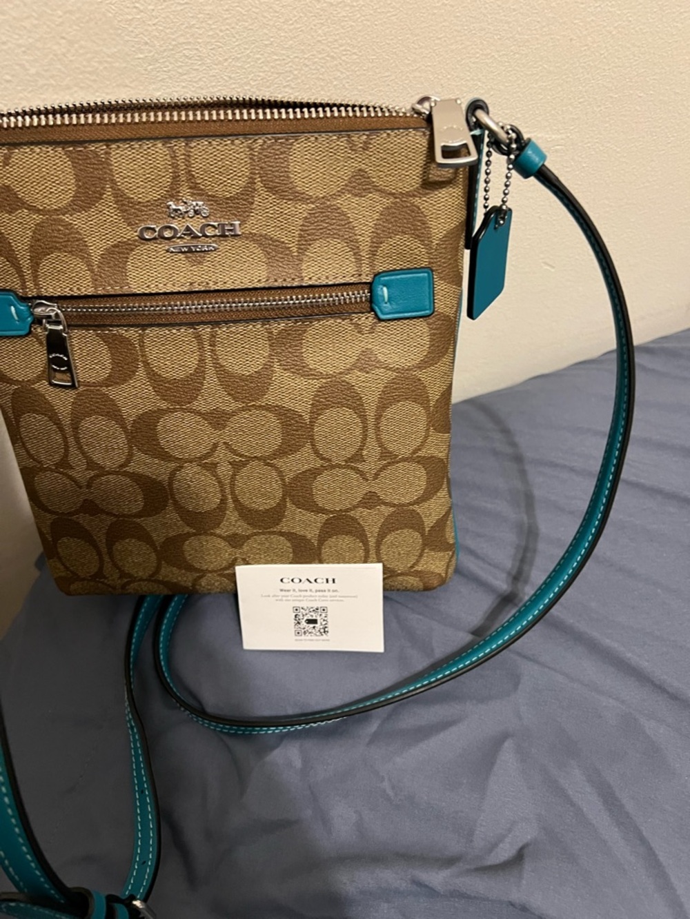 COACH Mini Rowan File Crossbody Bag in Signature Canvas - Khaki Teal (CF340)
